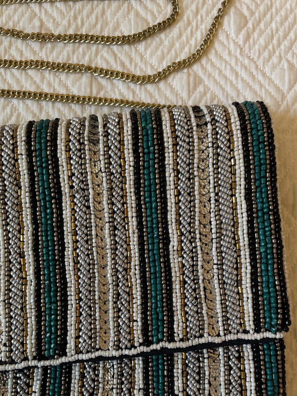 Beaded teal/silver/gold stripped clutch crossbody with optional gold chain strap - Picture 2 of 12